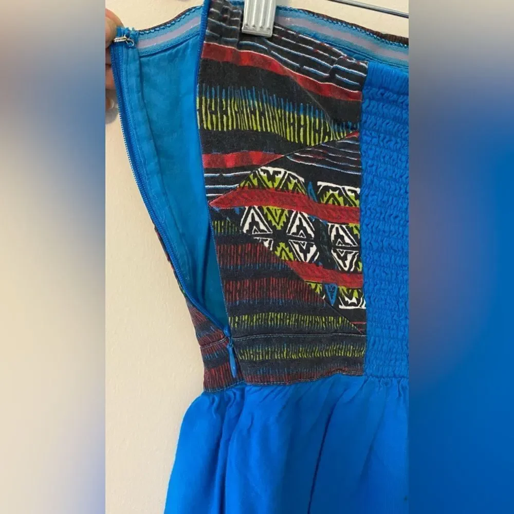 Silence & Noise, Blue Strapless Mini with Boho Print across edges, Size M - Picture 9 of 9